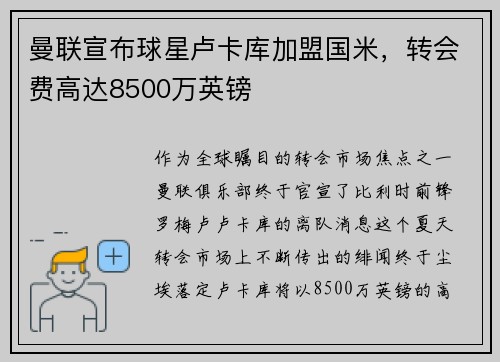 曼联宣布球星卢卡库加盟国米，转会费高达8500万英镑