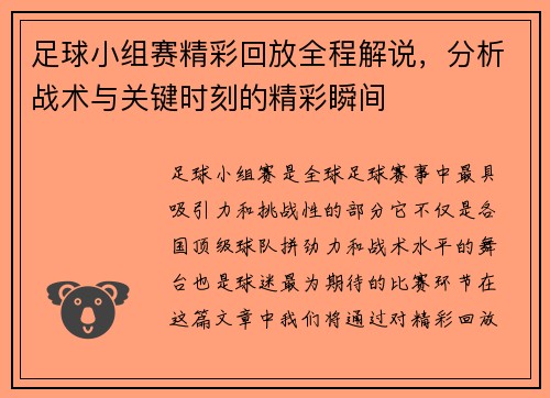 足球小组赛精彩回放全程解说，分析战术与关键时刻的精彩瞬间